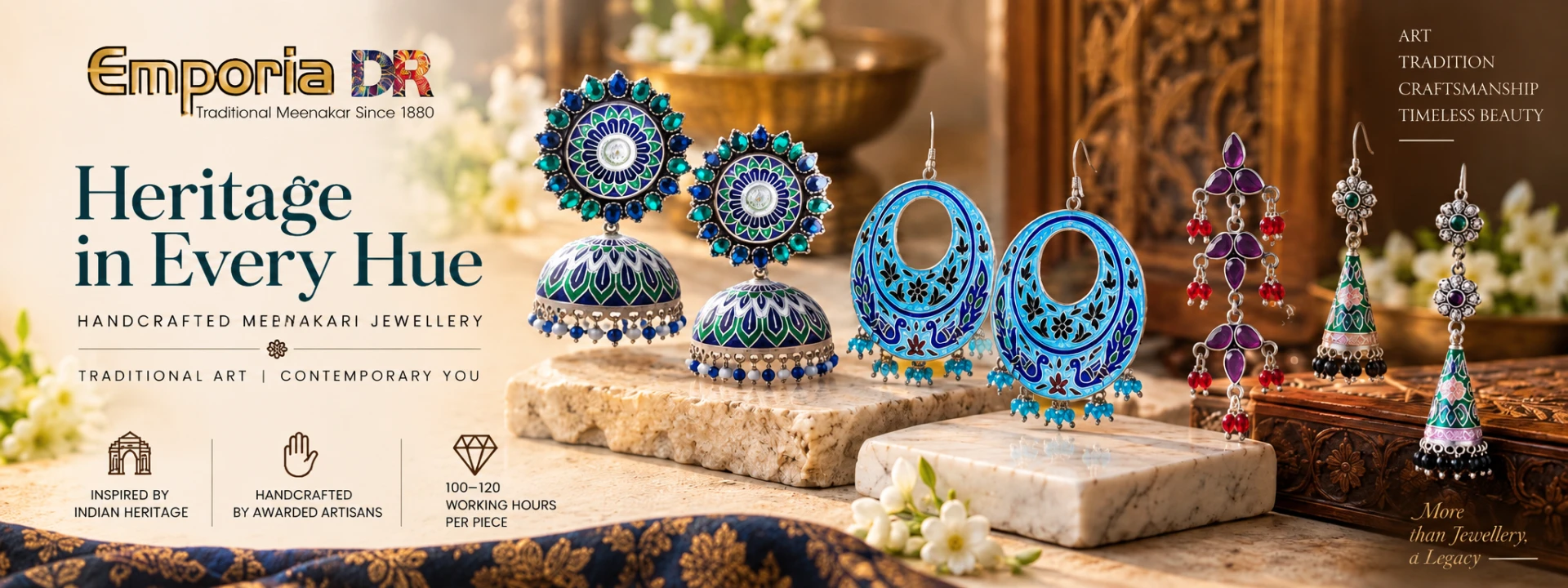Handcrafted Meenakari earrings — enamelled jhumkas and hoops in blue, green and red