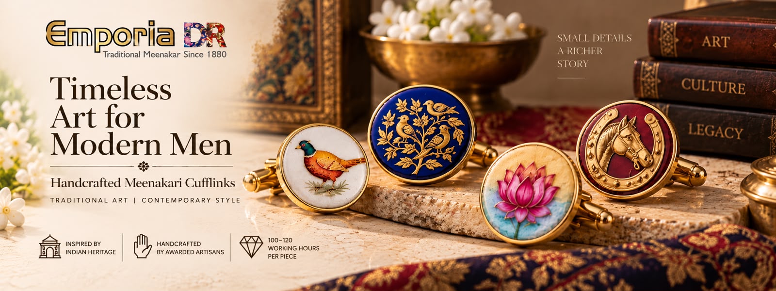 Handcrafted Meenakari cufflinks with bird, lotus and horse motifs in enamel and gold
